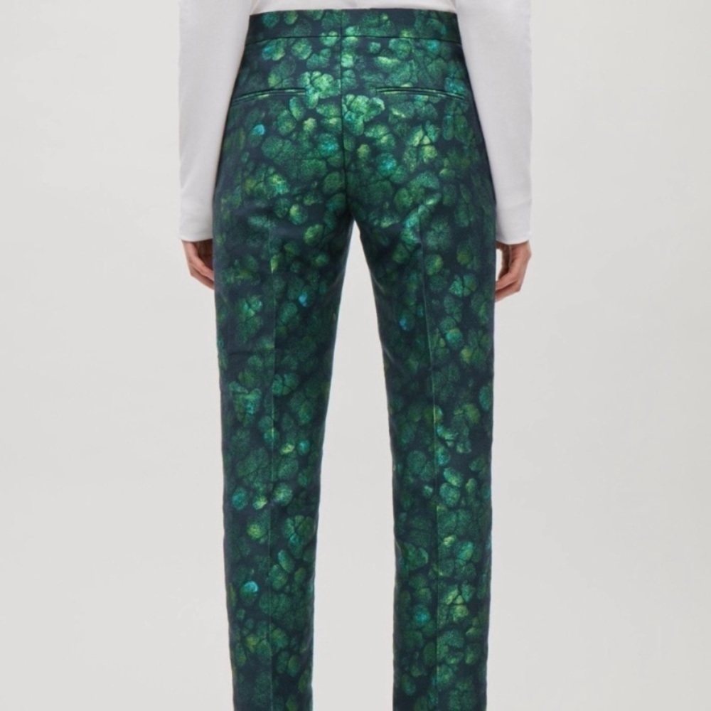 COS Jacquard Pleated Trousers Green Patterned Straight Leg Abstract Pockets 2 - Picture 2 of 5
